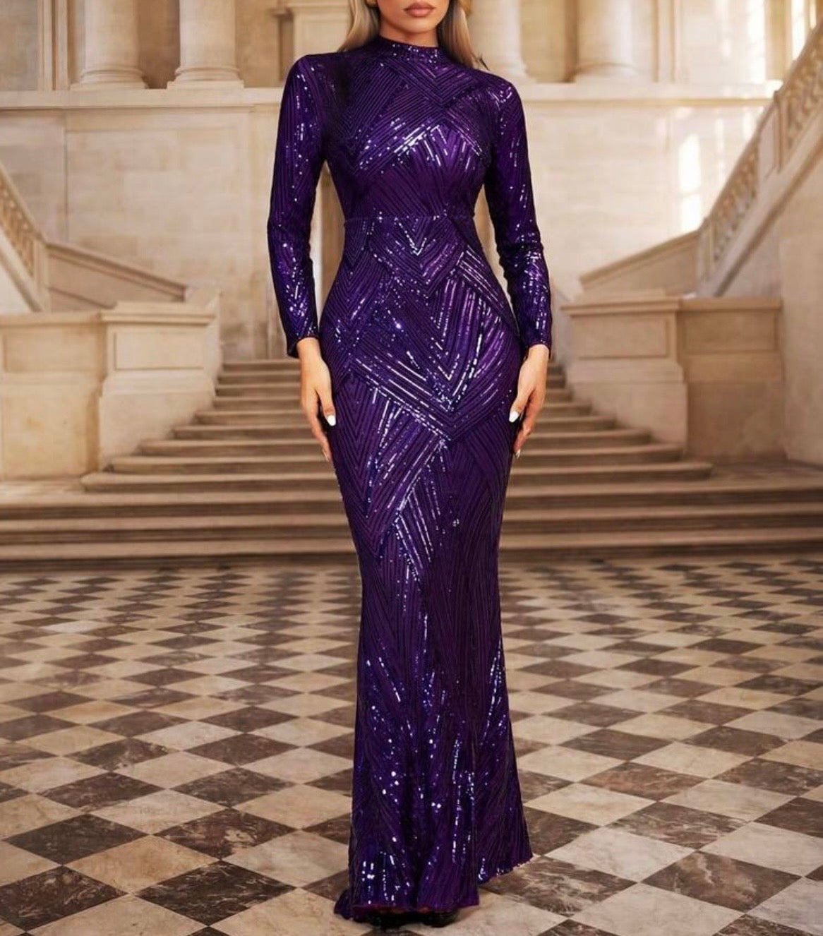 FZ Women's Long Sleeve Stand Collar Randomized Pattern Sequin Maxi Evening Dress