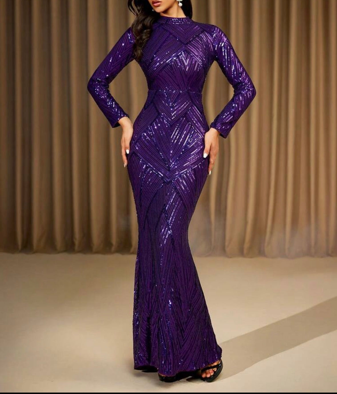 FZ Women's Long Sleeve Stand Collar Randomized Pattern Sequin Maxi Evening Dress