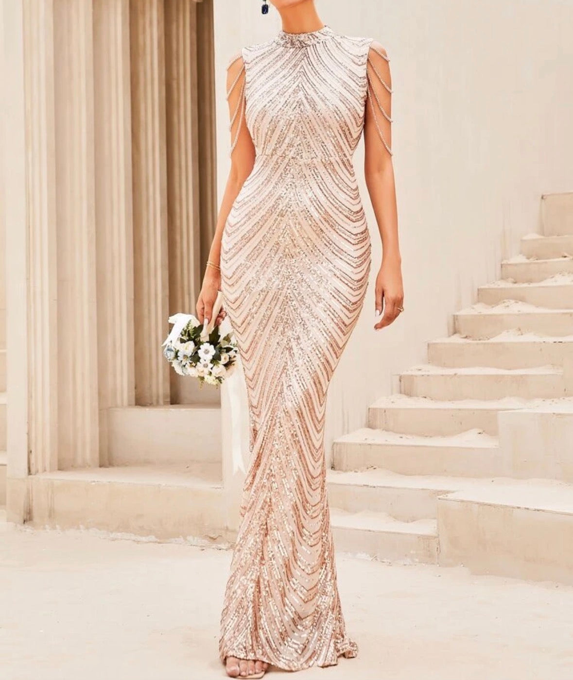 FZ Women's Sequin Chain Detail High Neck Floor Length Mermaid Evening Dress