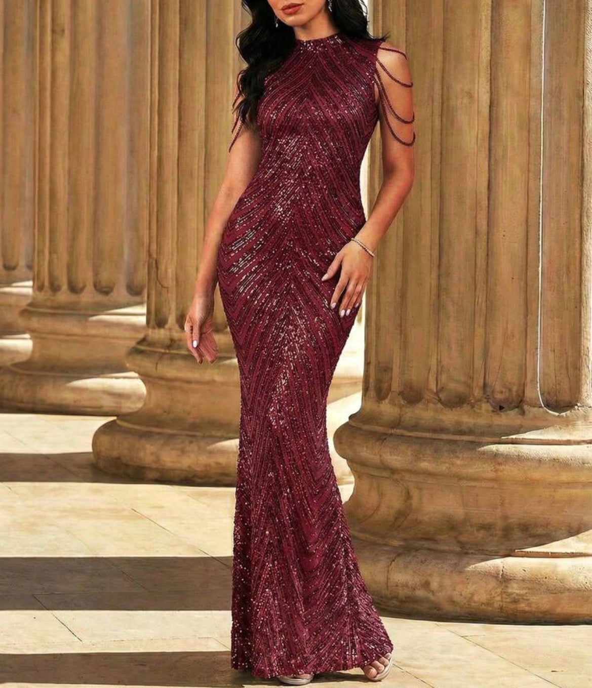 FZ Women's Sequin Chain Detail High Neck Floor Length Mermaid Evening Dress