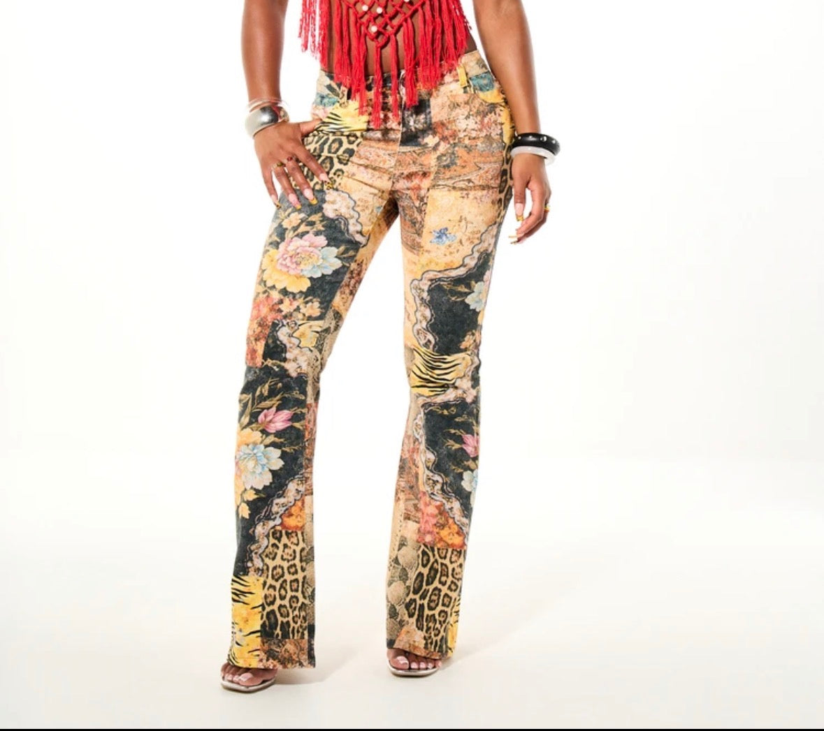 FZ Women's Vintage Collage Print Floral Patchwork High Rise Flared Denim Pants