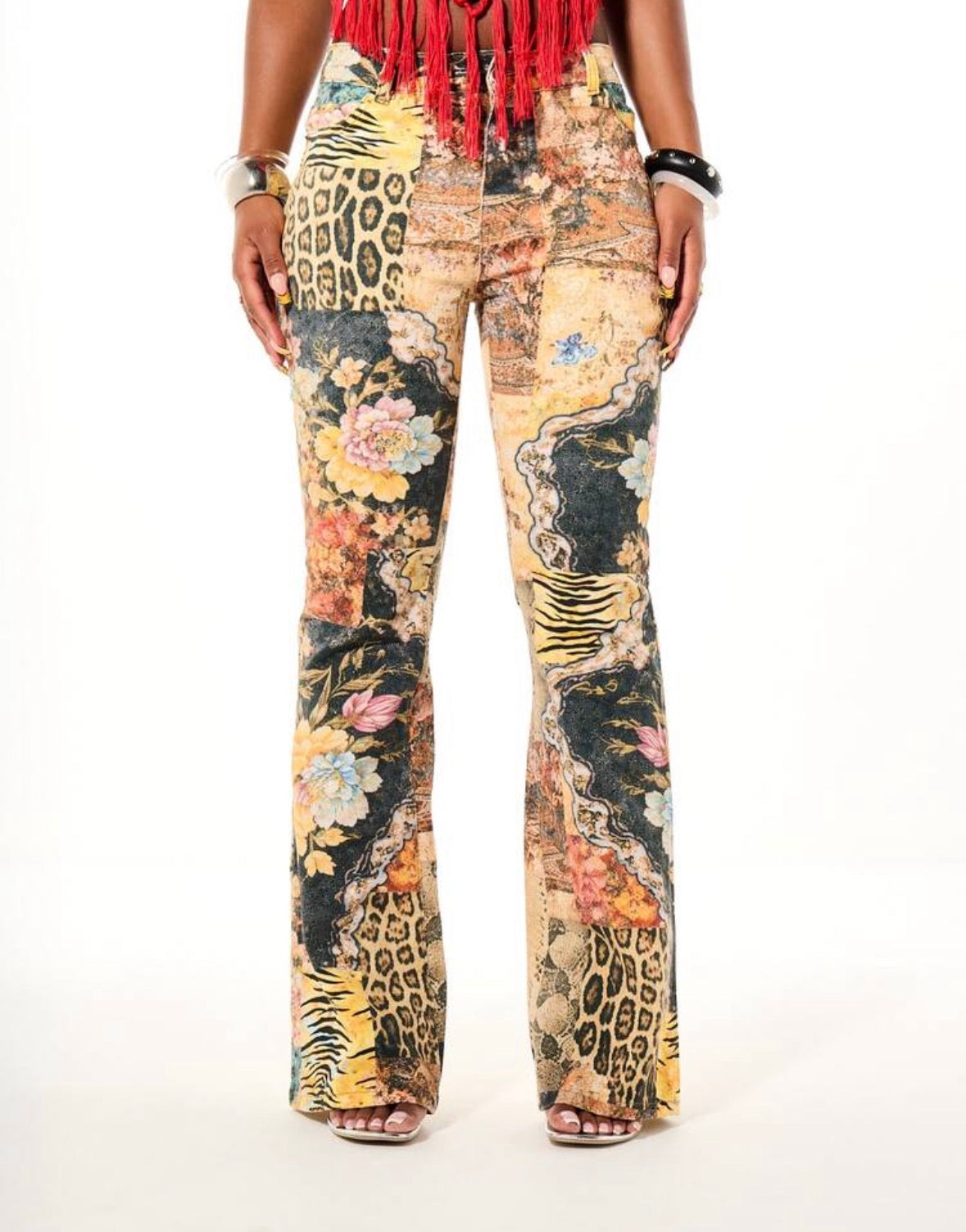 FZ Women's Vintage Collage Print Floral Patchwork High Rise Flared Denim Pants