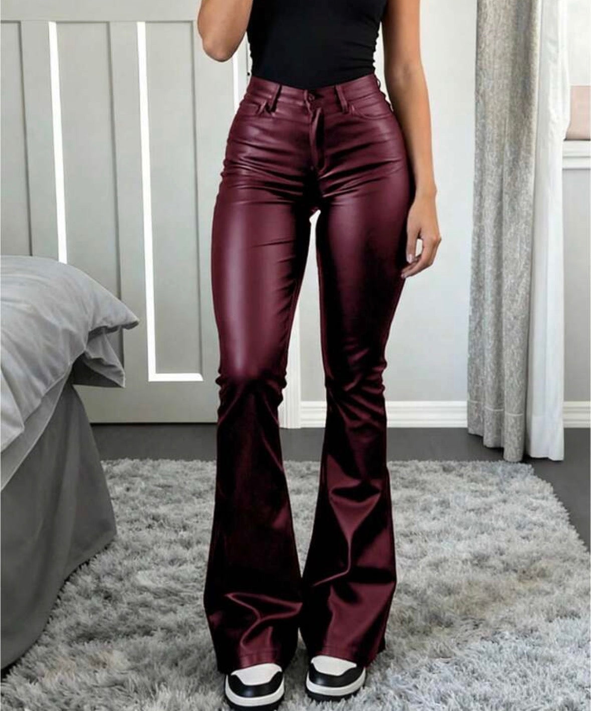 FZ Women Coated Faux Leather High Waisted Flared Pants,
