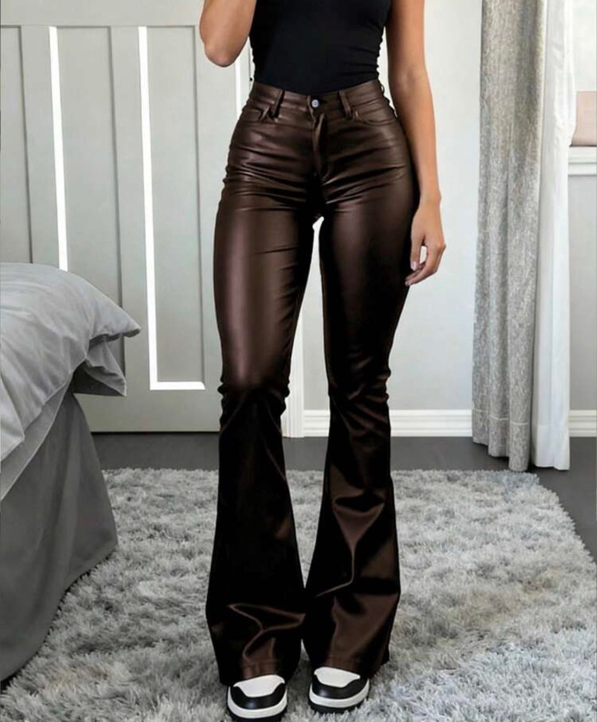 FZ Women Coated Faux Leather High Waisted Flared Pants,