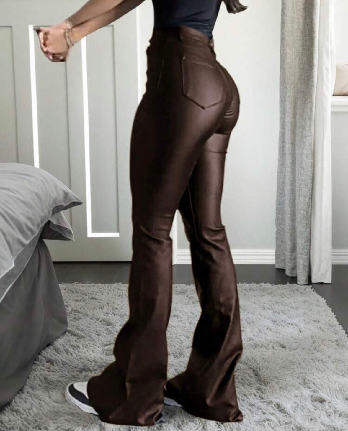 FZ Women Coated Faux Leather High Waisted Flared Pants,