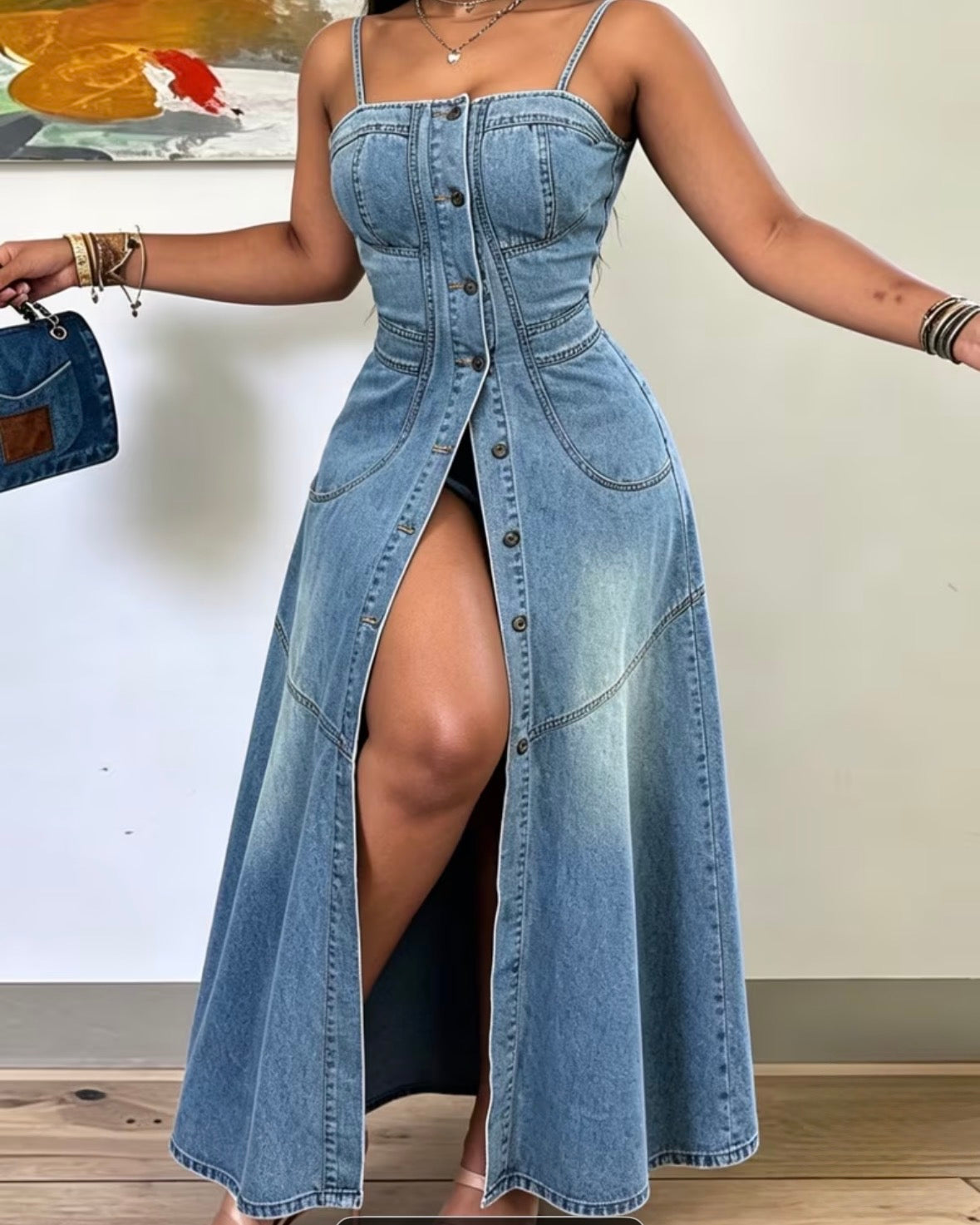 FZ Women's Breasted Suspender Comfortable Waist,Heavy Industry Splicing Denim Dress