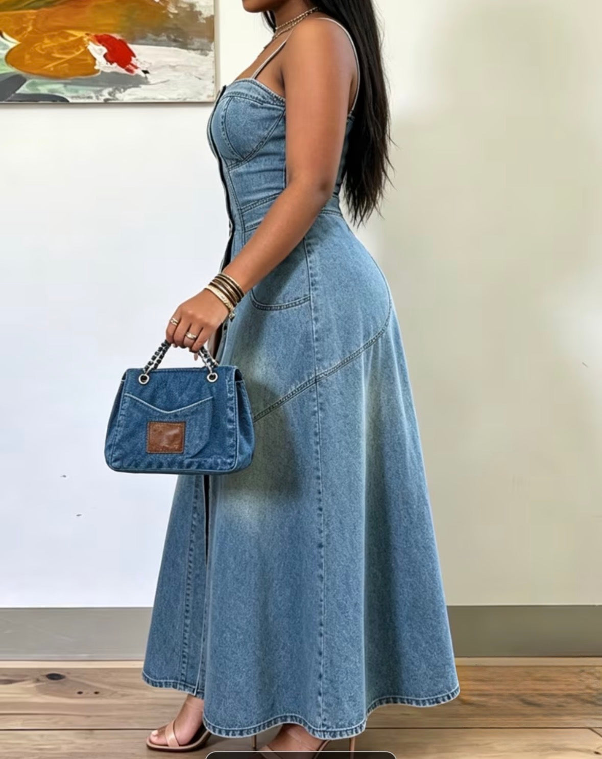 FZ Women's Breasted Suspender Comfortable Waist,Heavy Industry Splicing Denim Dress