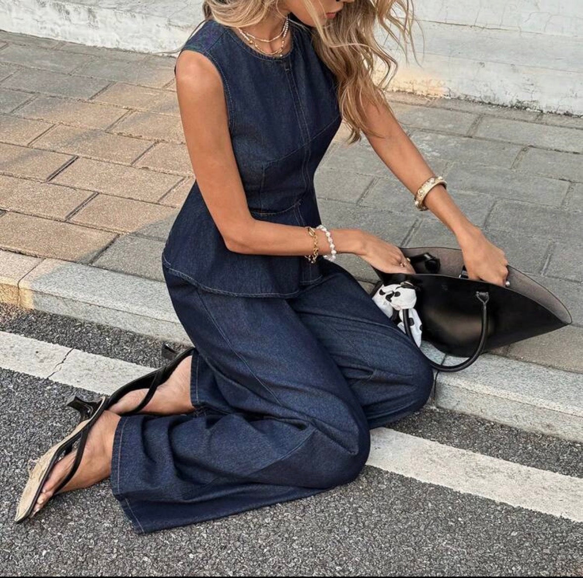 FZ Women's Round Neck Sleeveless Wide Leg Two Pieces Denim Pants Suit