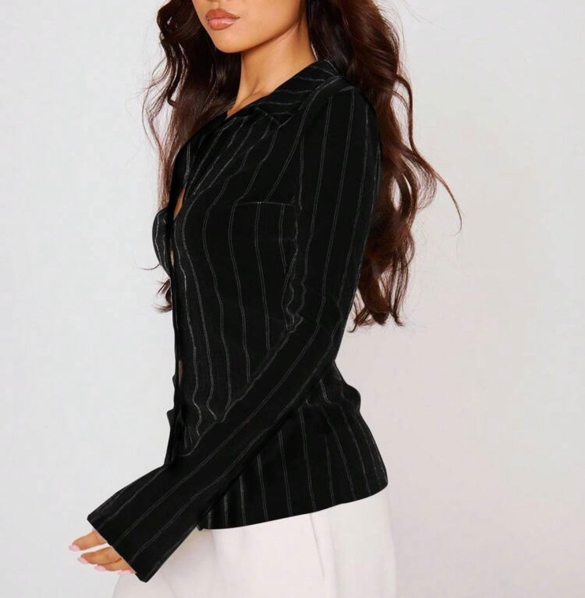 FZ Women's Fitted Stripe Flare Long Sleeve Button Up Shirt Top