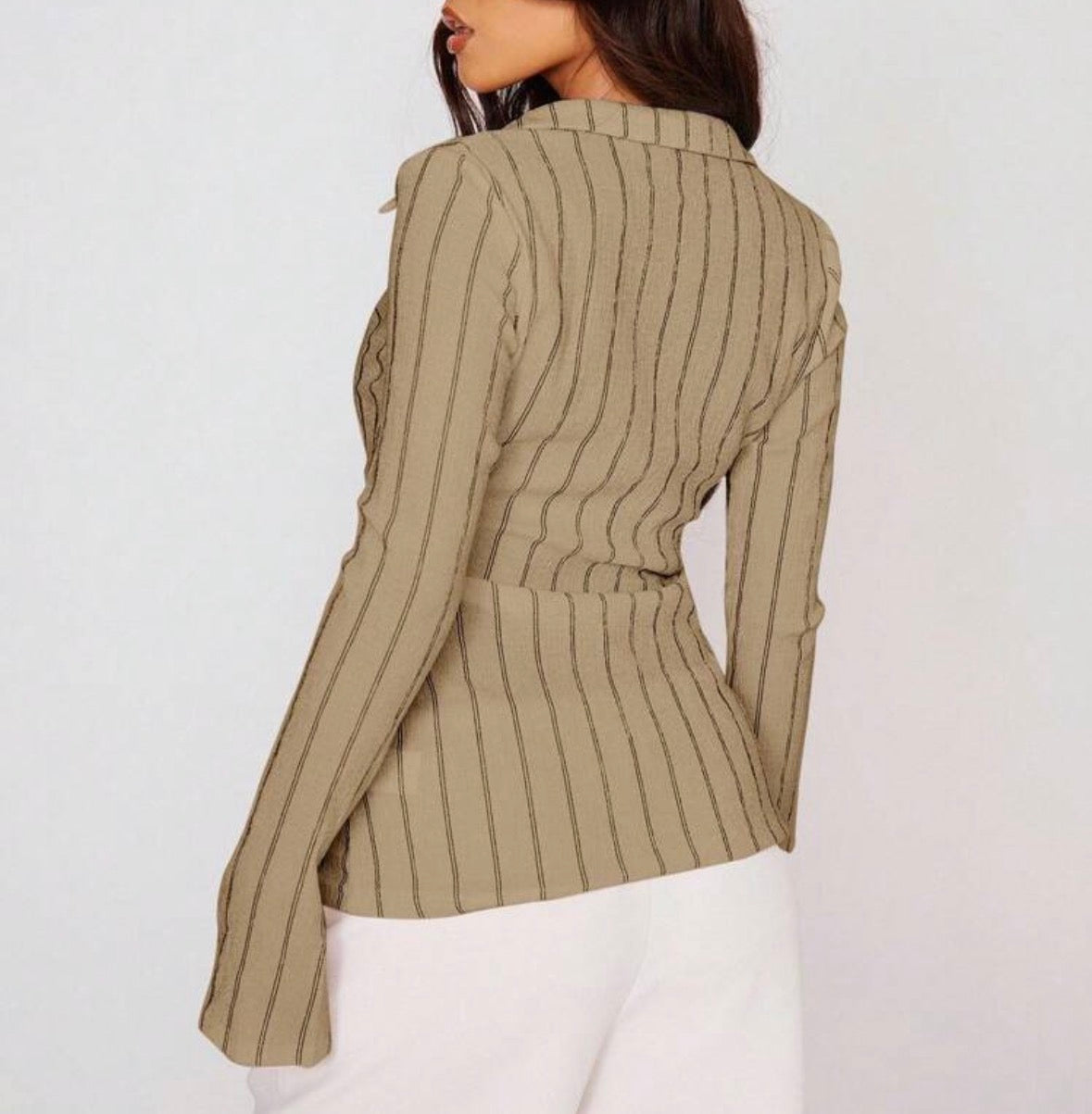 FZ Women's Fitted Stripe Flare Long Sleeve Button Up Shirt Top