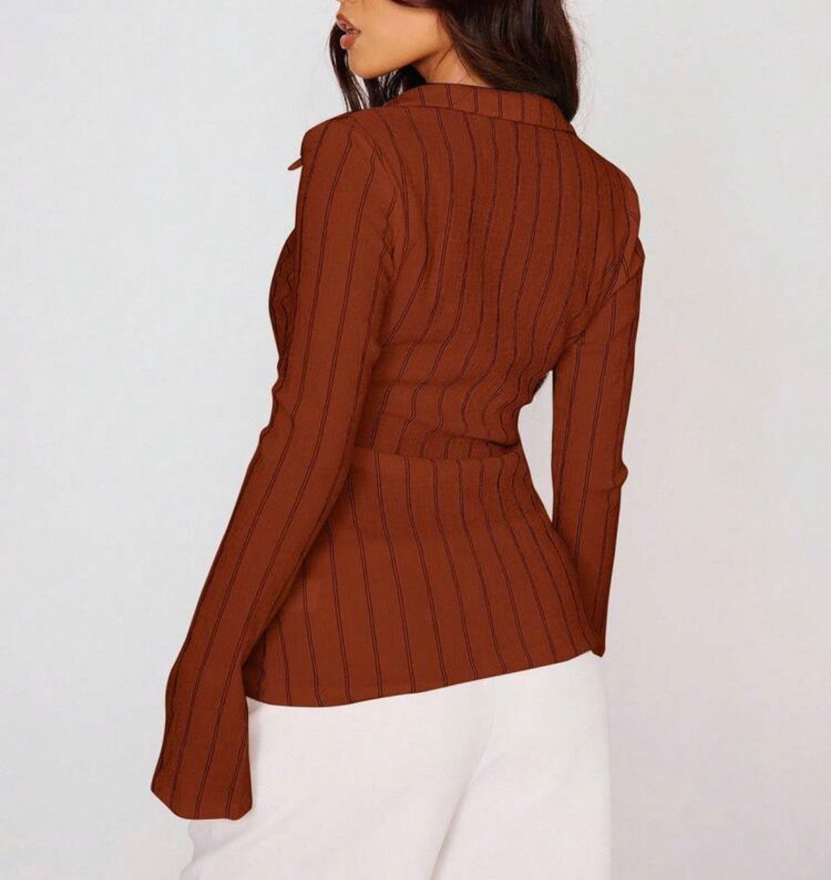 FZ Women's Fitted Stripe Flare Long Sleeve Button Up Shirt Top