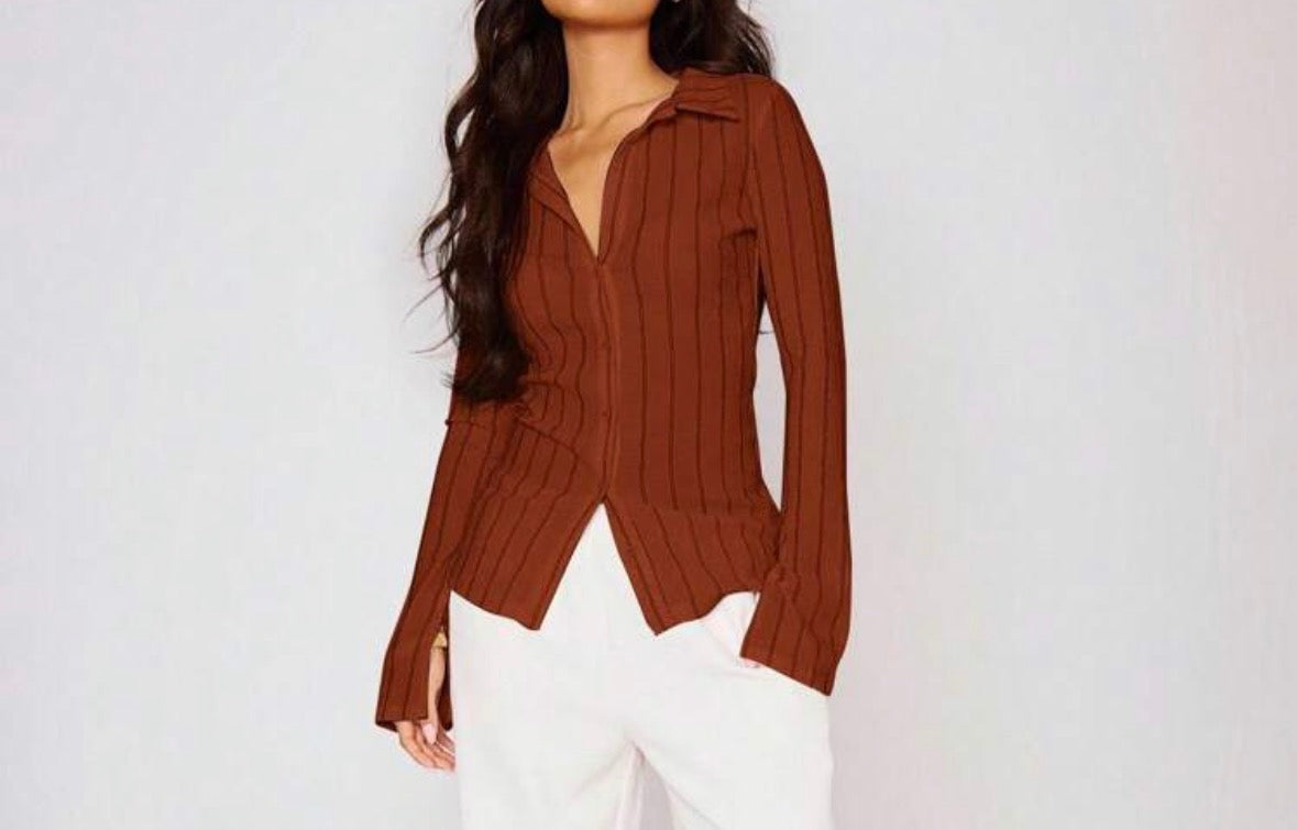 FZ Women's Fitted Stripe Flare Long Sleeve Button Up Shirt Top