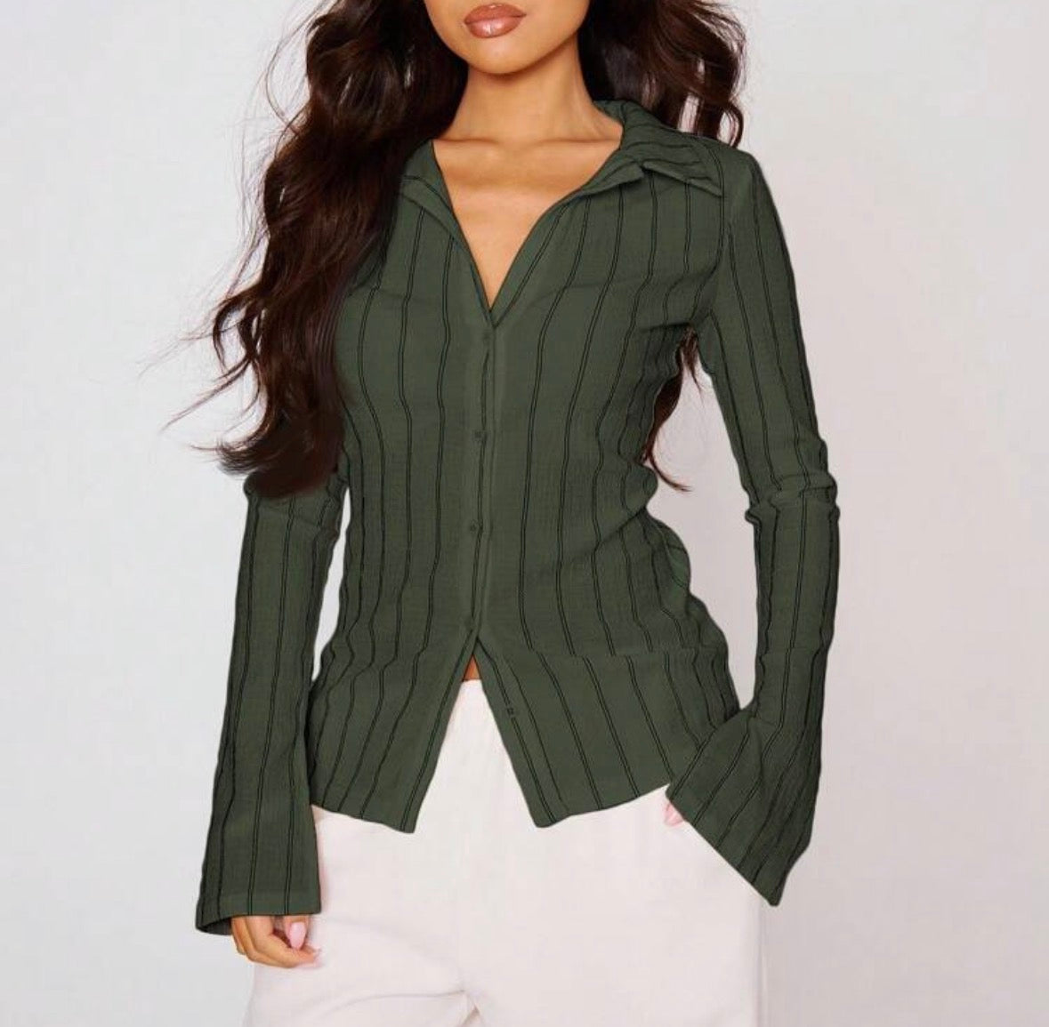 FZ Women's Fitted Stripe Flare Long Sleeve Button Up Shirt Top