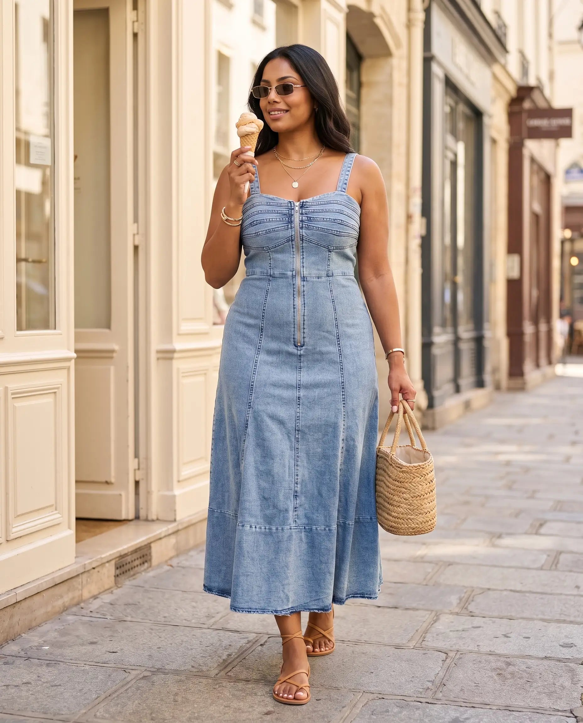 FZ Women's A Line Slim Fit Sleeveless Streetwear Long Denim Dress