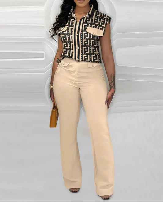 FZ Women's Print Pocket Design Casual Pants Suit - FZwear