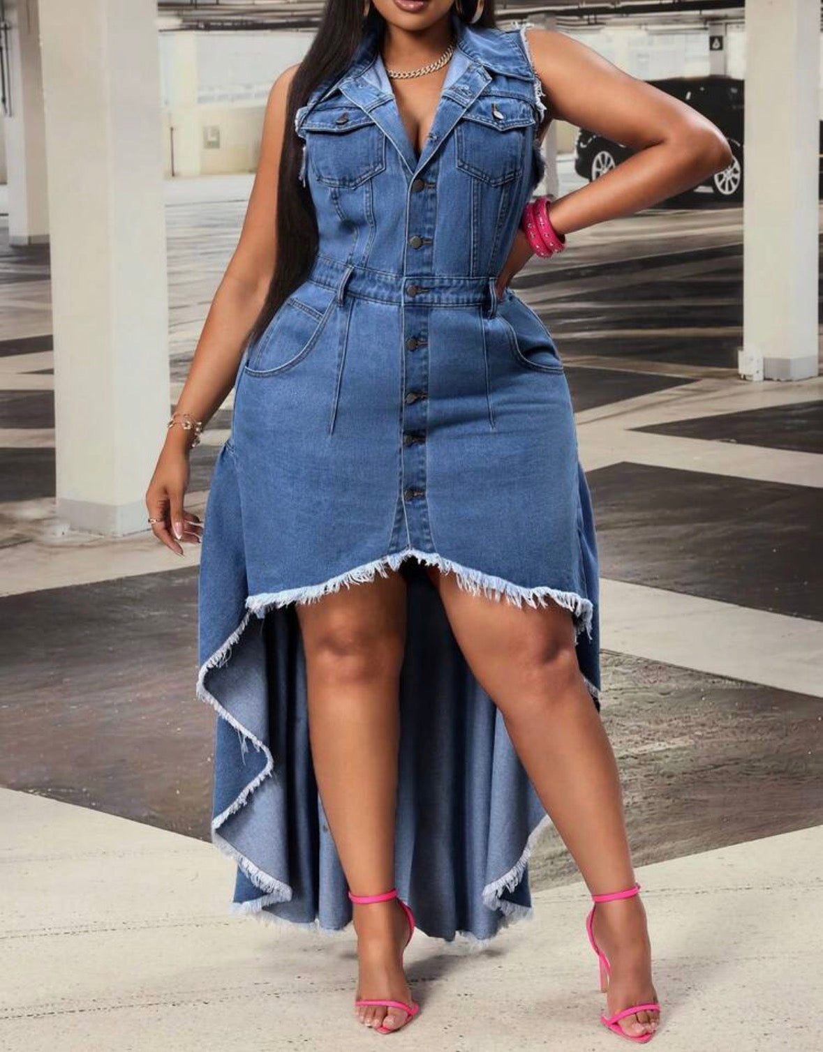 FZ Women's Plus Size Sleeveless Single-Breasted Frayed Hem Midi Denim Dress