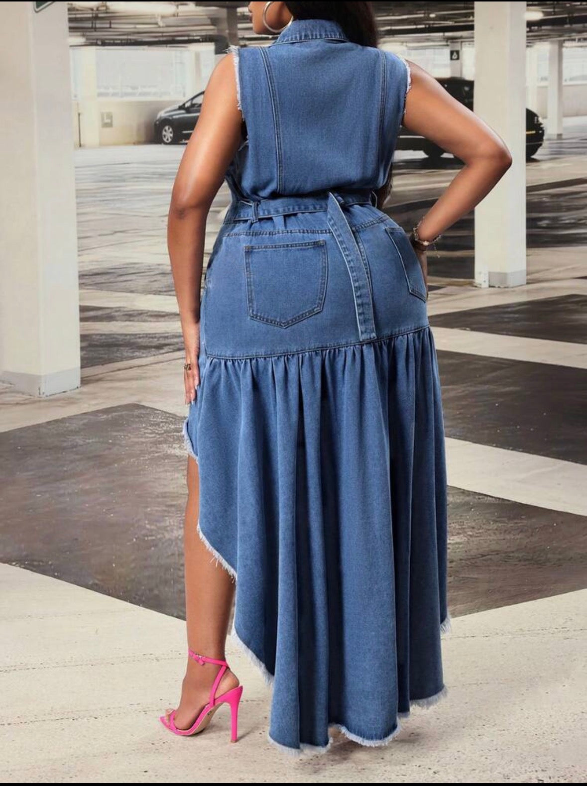 FZ Women's Plus Size Sleeveless Single-Breasted Frayed Hem Midi Denim Dress