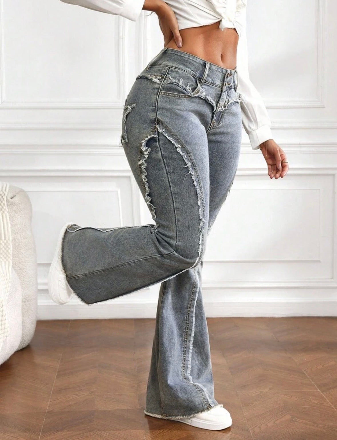FZ Women's Pocket Frayed Hem Casual Flare Leg Denim Pants