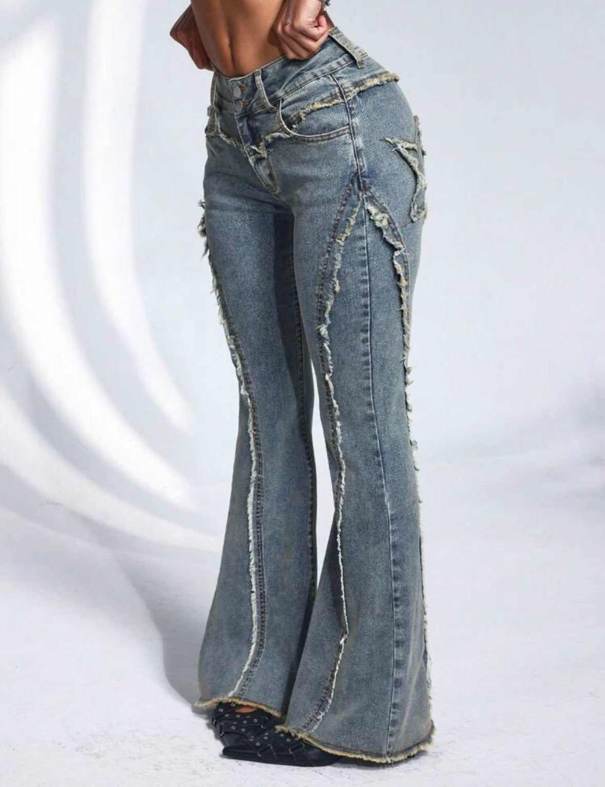 FZ Women's Pocket Frayed Hem Casual Flare Leg Denim Pants