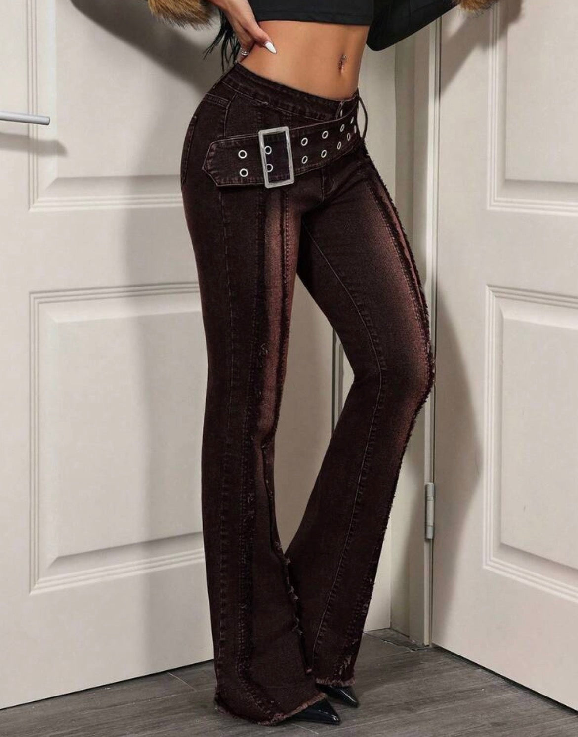 FZ Women's Low Waist Wide Belt Vintage Washed Flare Denim Pants