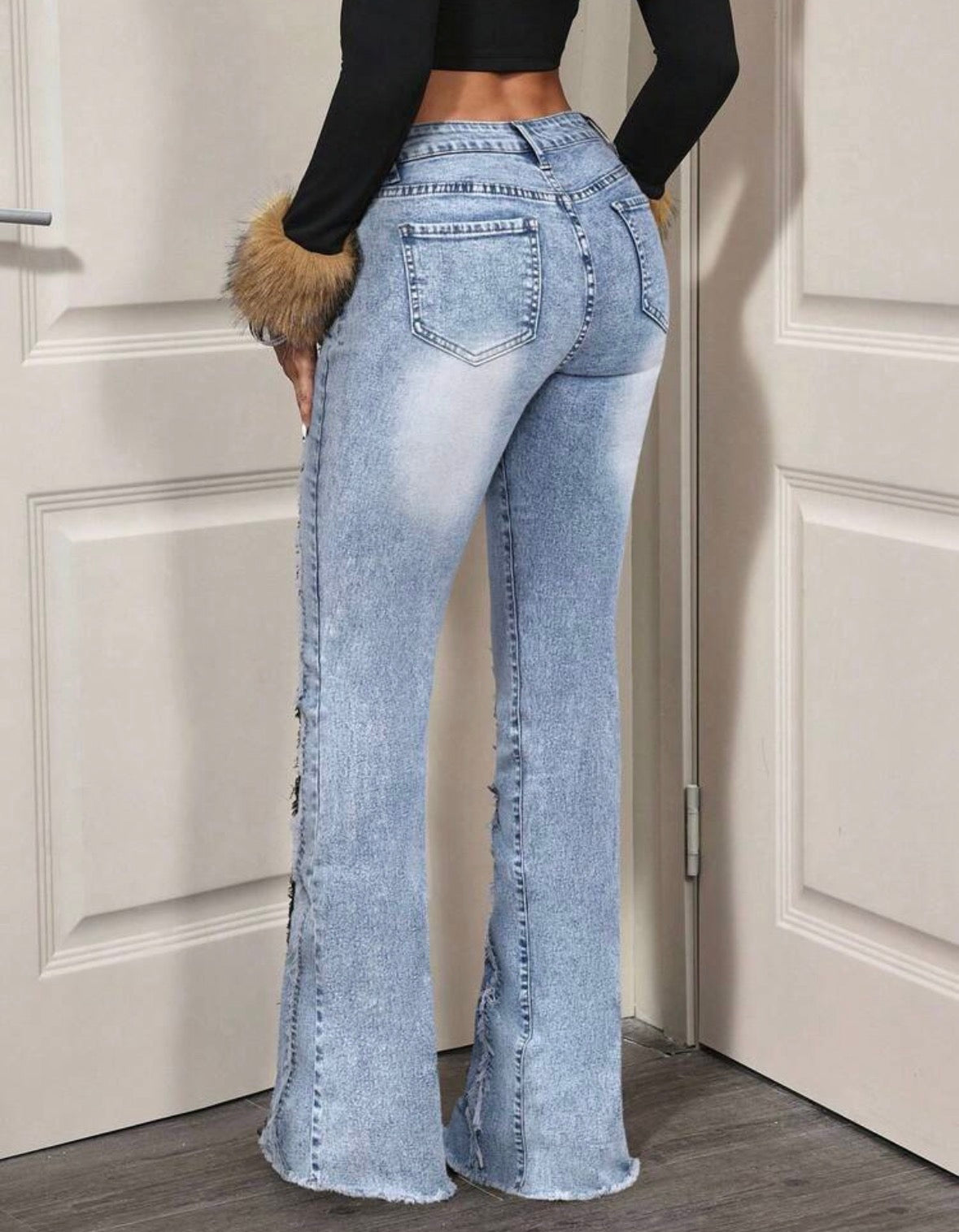 FZ Women's Low Waist Wide Belt Vintage Washed Flare Denim Pants