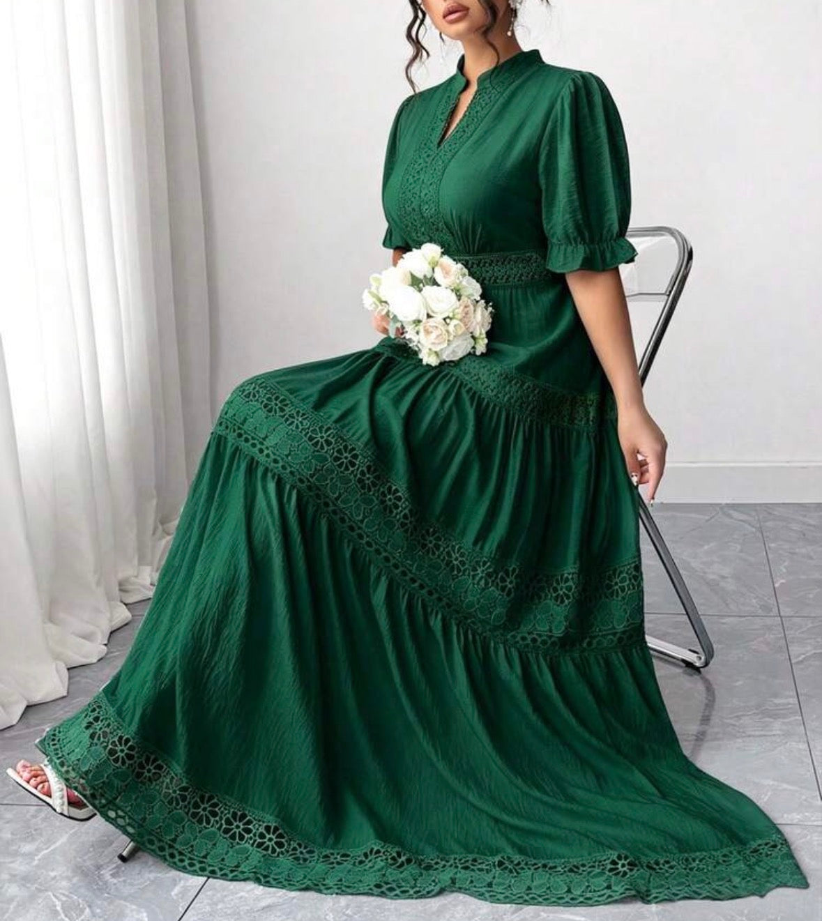 FZ Women's Plus Size Lace Trim Goddess Waist V-Neck French Style Sundress