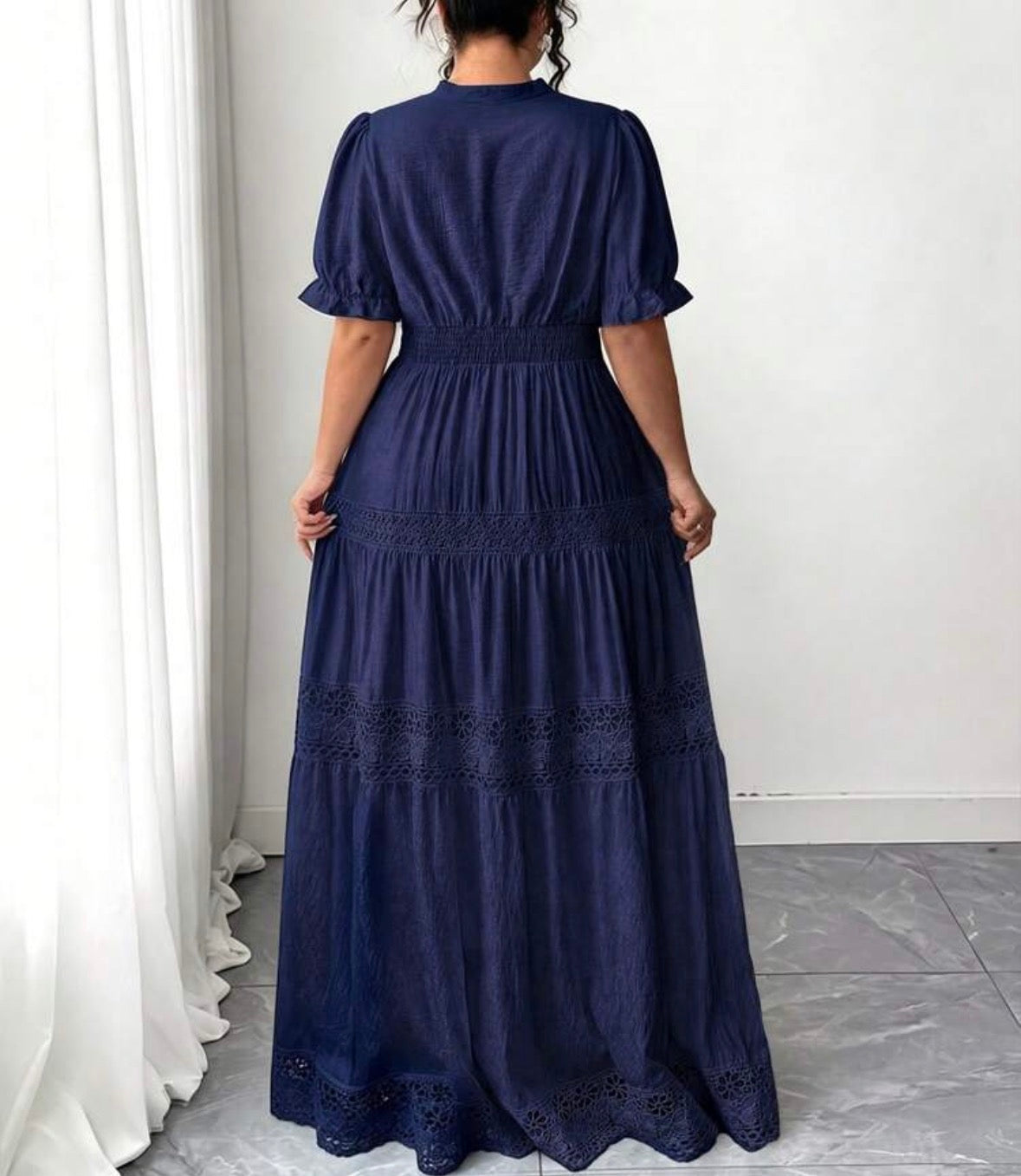 FZ Women's Plus Size Lace Trim Goddess Waist V-Neck French Style Sundress