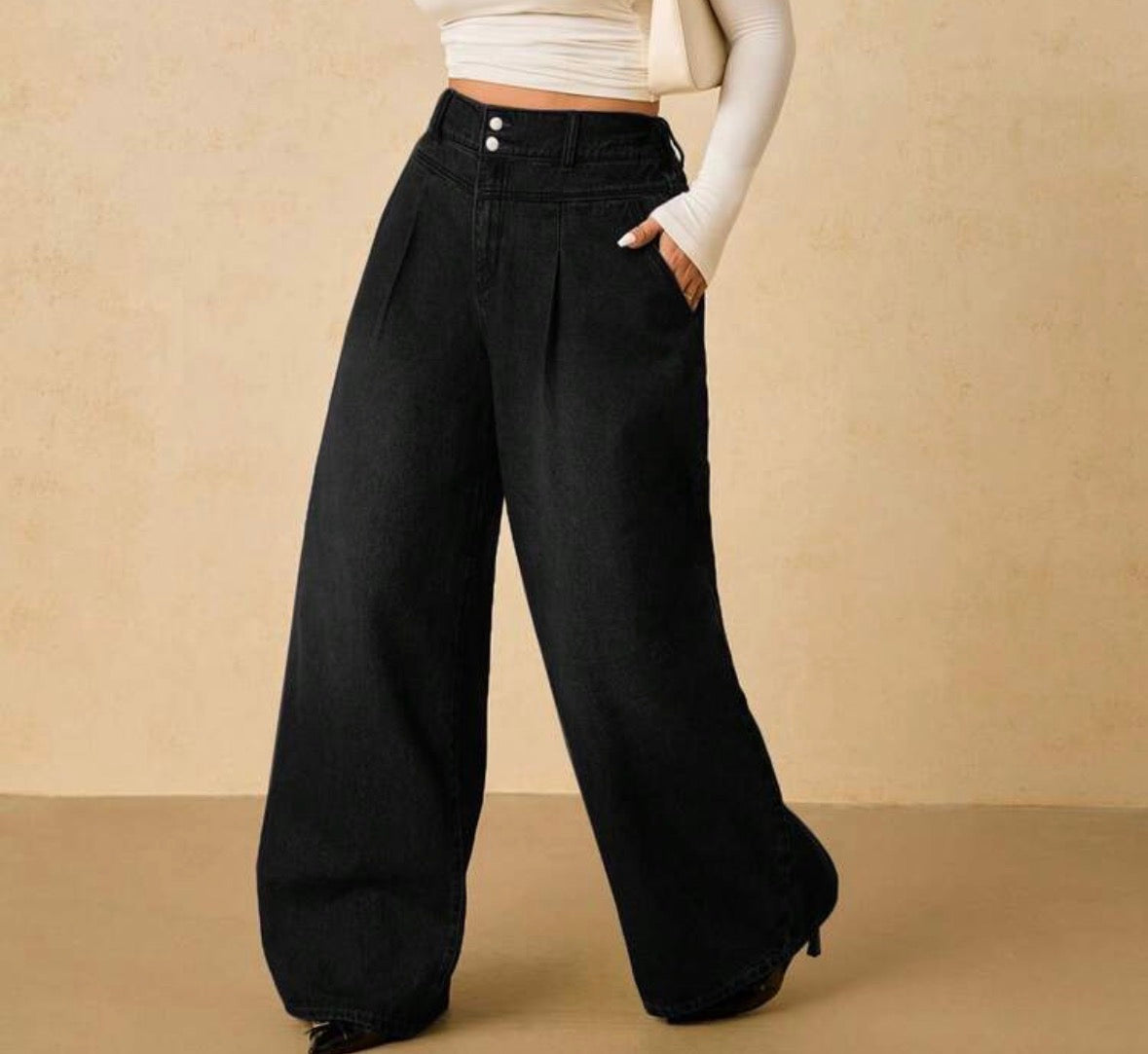 FZ Women's Plus Size Casual Versatile Solid Color Wide Leg Denim Pants