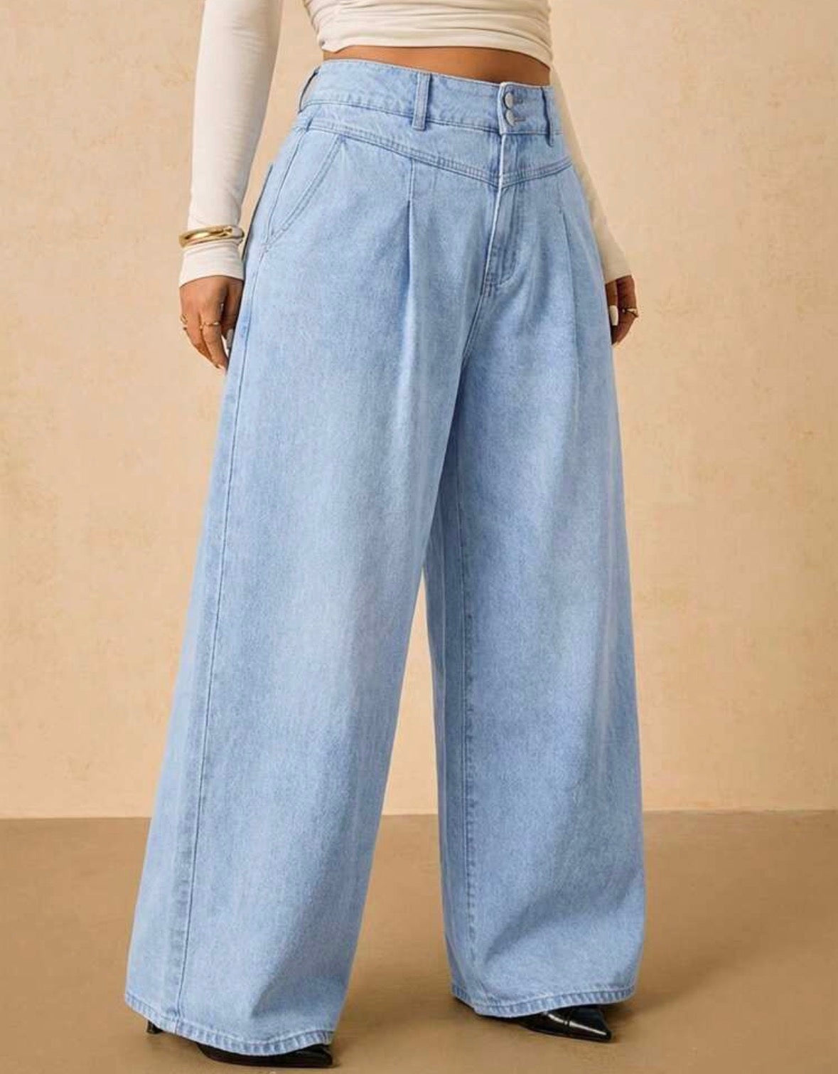 FZ Women's Plus Size Casual Versatile Solid Color Wide Leg Denim Pants