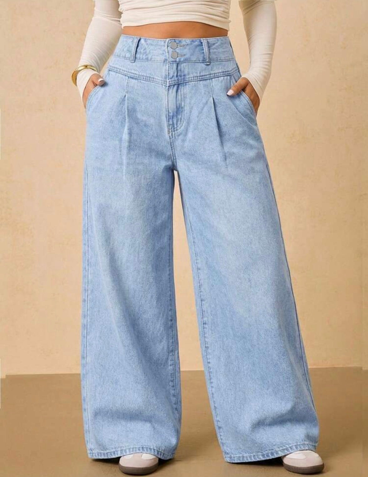 FZ Women's Plus Size Casual Versatile Solid Color Wide Leg Denim Pants
