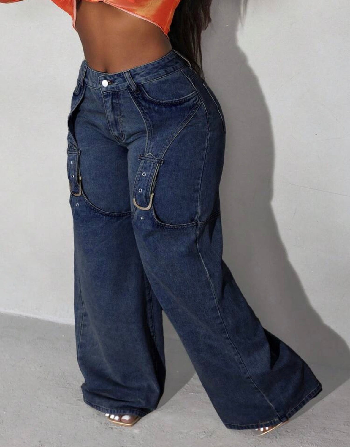 FZ Women's Plus Size Buttoned Detail Slant Pocket Wide Leg Denim Pants