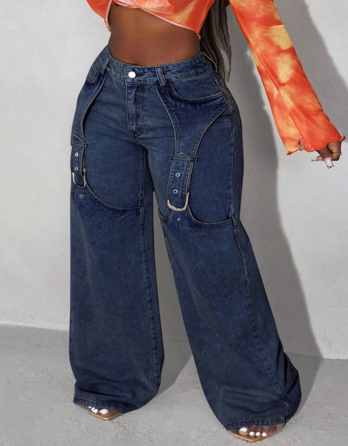 FZ Women's Plus Size Buttoned Detail Slant Pocket Wide Leg Denim Pants
