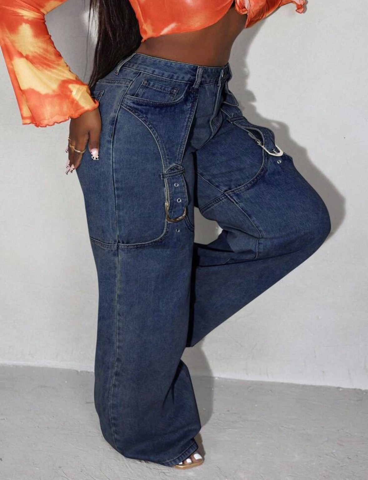 FZ Women's Plus Size Buttoned Detail Slant Pocket Wide Leg Denim Pants