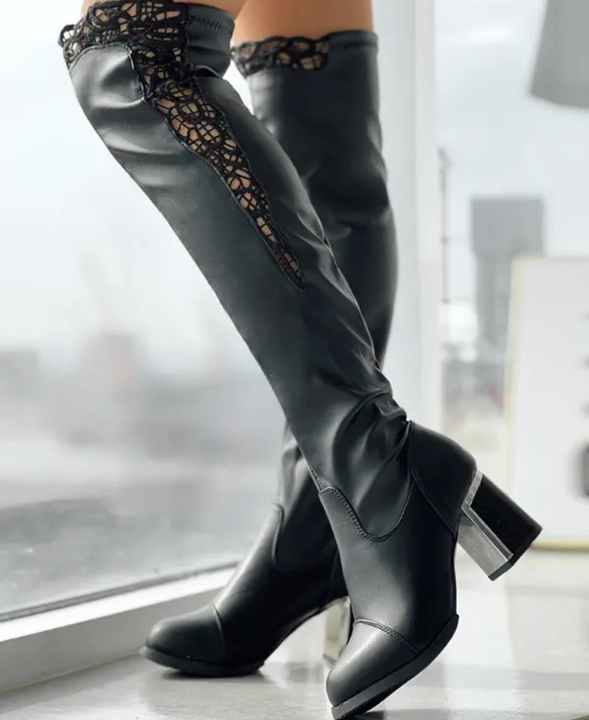 FZ Women's Contrast Lace Chunky Over The Knee Boots - FZwear