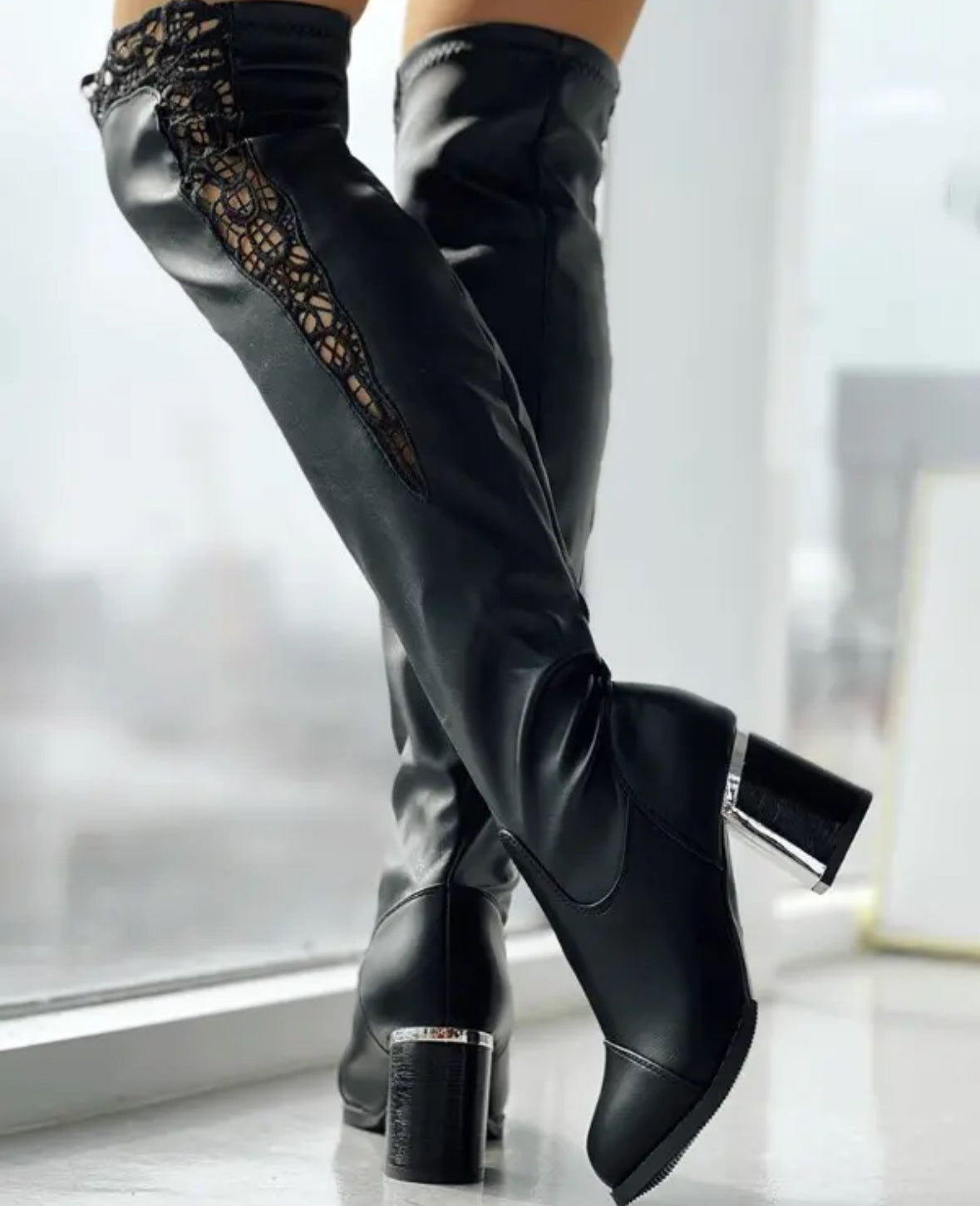 FZ Women's Contrast Lace Chunky Over The Knee Boots - FZwear