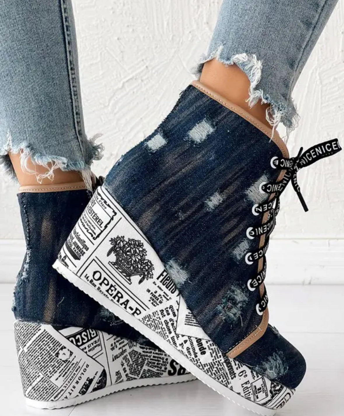 FZ Women's Newspaper Platform Washed Denim Ripped Wedge Boots - FZwear