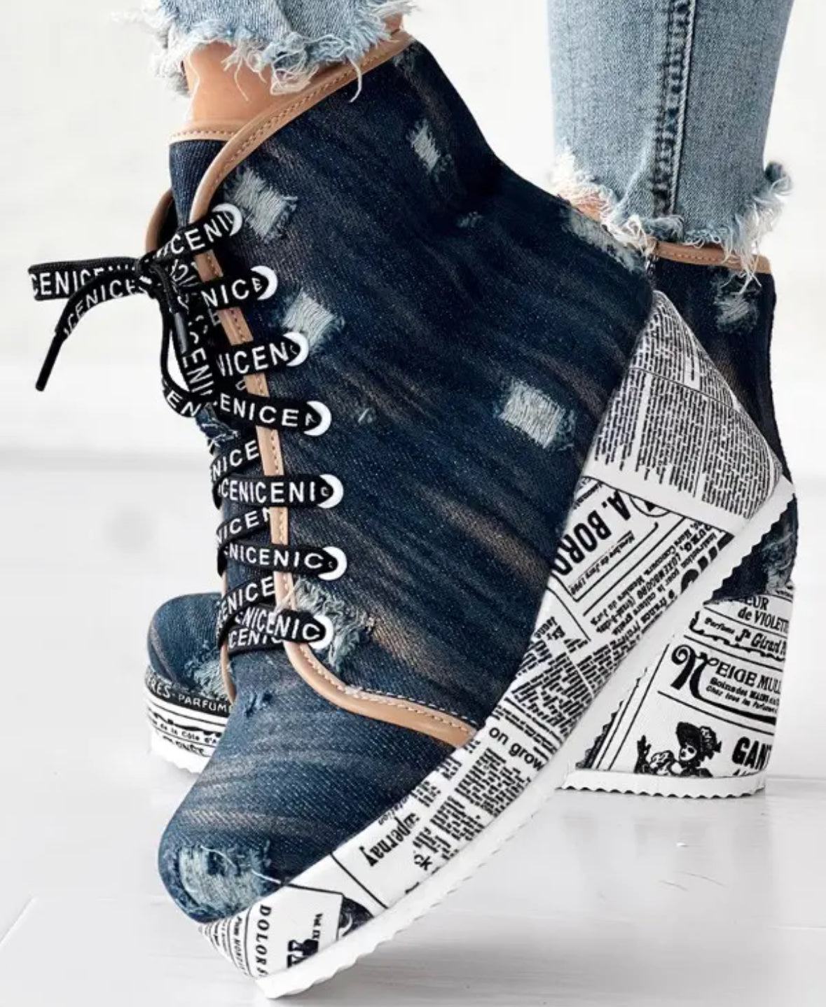 FZ Women's Newspaper Platform Washed Denim Ripped Wedge Boots