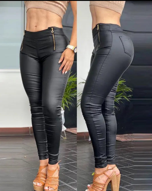 FZ Women's Plus Size Zipper Pocket Design PU Leather Pants