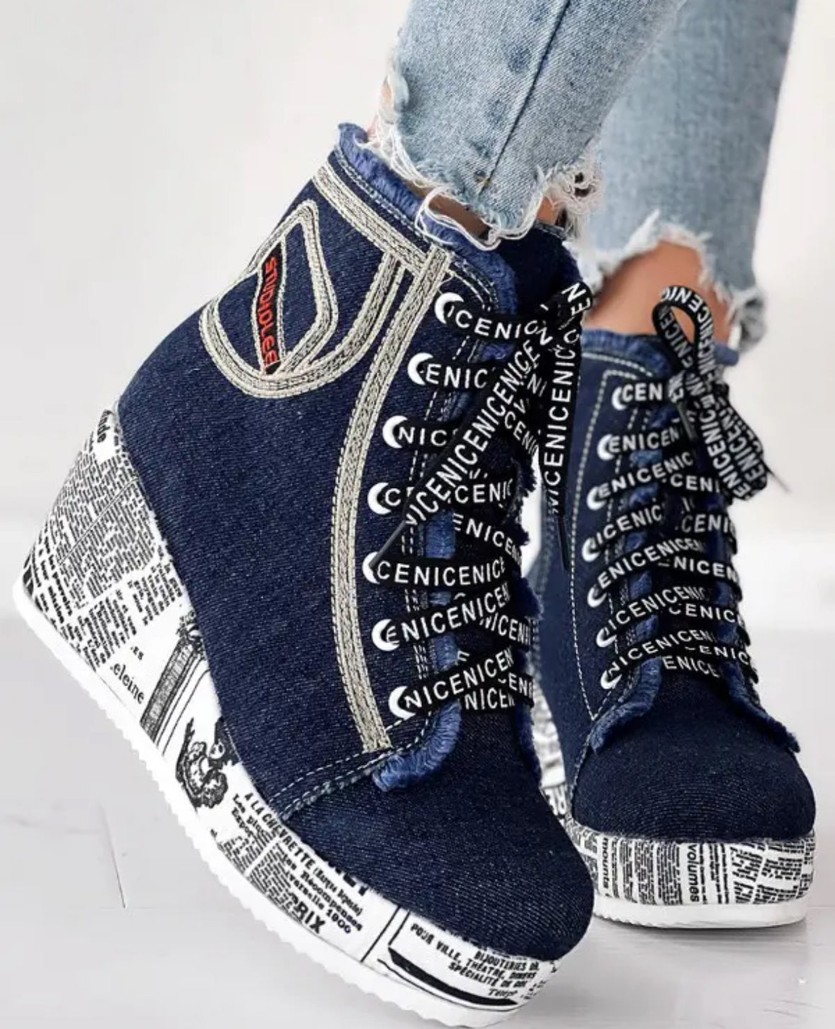 FZ Women's Newpaper Lace-up Platform Wedge Ankle Boots - FZwear