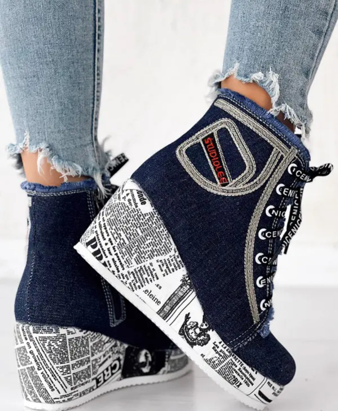 FZ Women's Newpaper Lace-up Platform Wedge Ankle Boots - FZwear