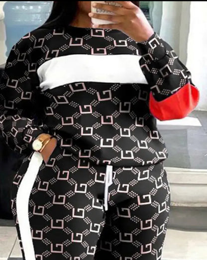 FZ Women's Plus Size Geometric Print Striped Sweatpants Suit - FZwear