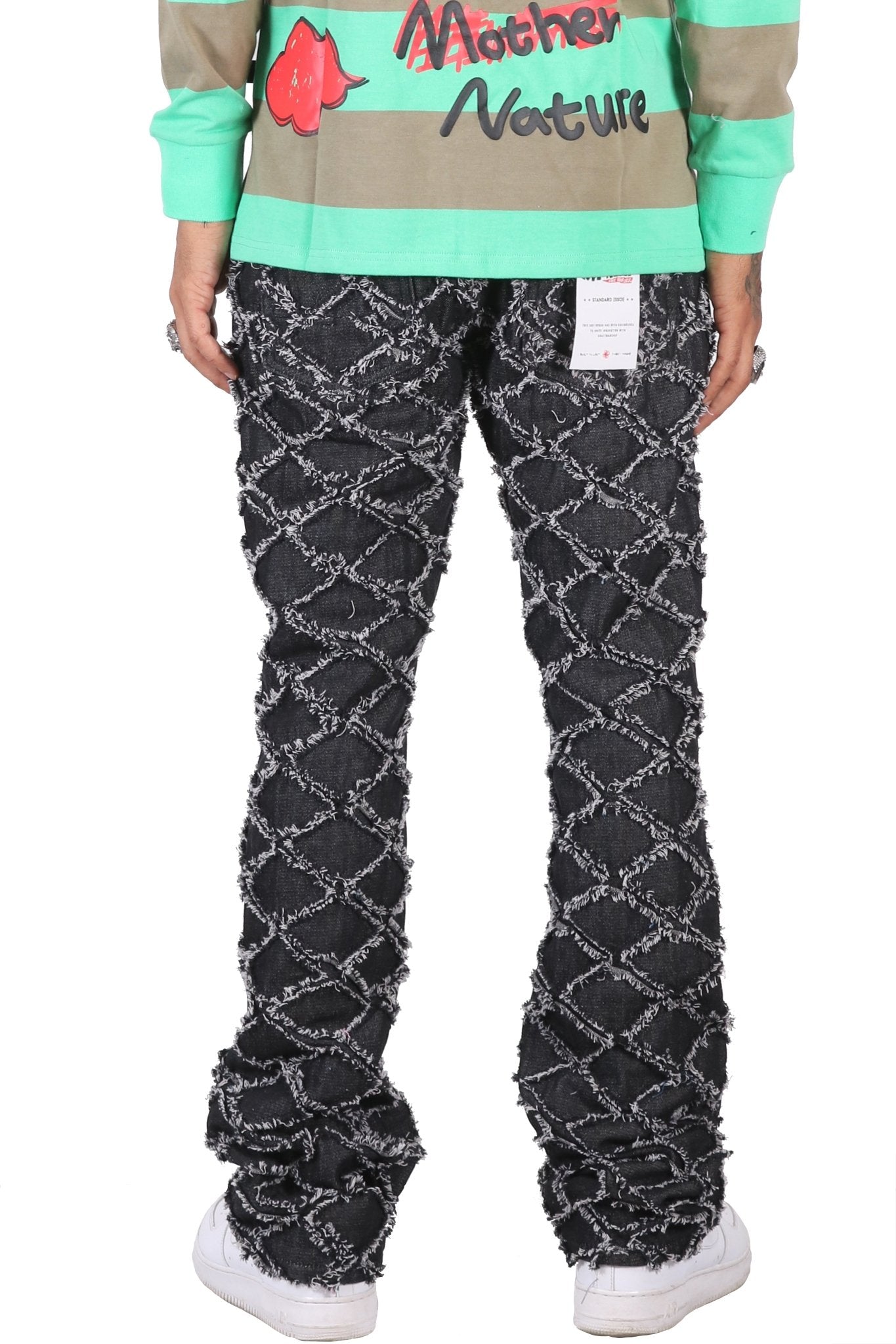 ACE Men's premium rip&repair flare stacked fit quilted denim pants