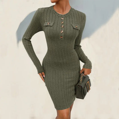 Knitted Emerized Sunken Stripe Knitted Dress Slim Solid Color Round Neck Long Sleeved Dress Jeme