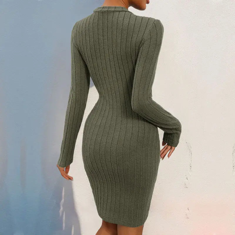 Knitted Emerized Sunken Stripe Knitted Dress Slim Solid Color Round Neck Long Sleeved Dress Jeme