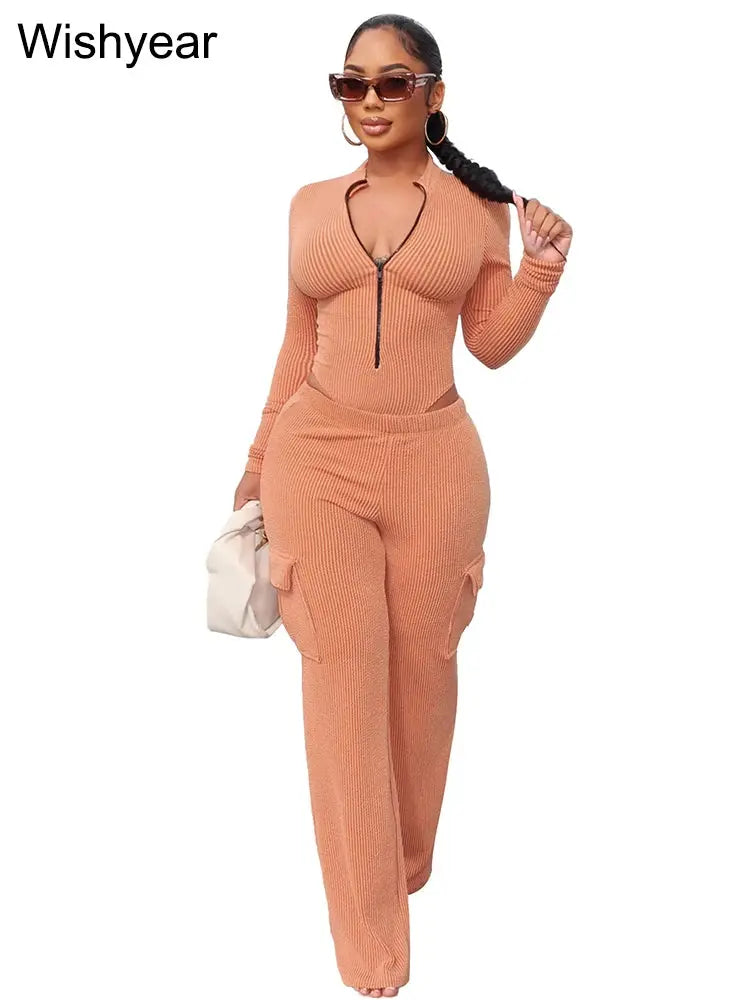 Knitted Rib Tracksuits Set Women‘s Sports Fall Winter Bodysuits Tops and Cargo Pants Two 2 Piece Suit Fitness Sportswear New FZwear