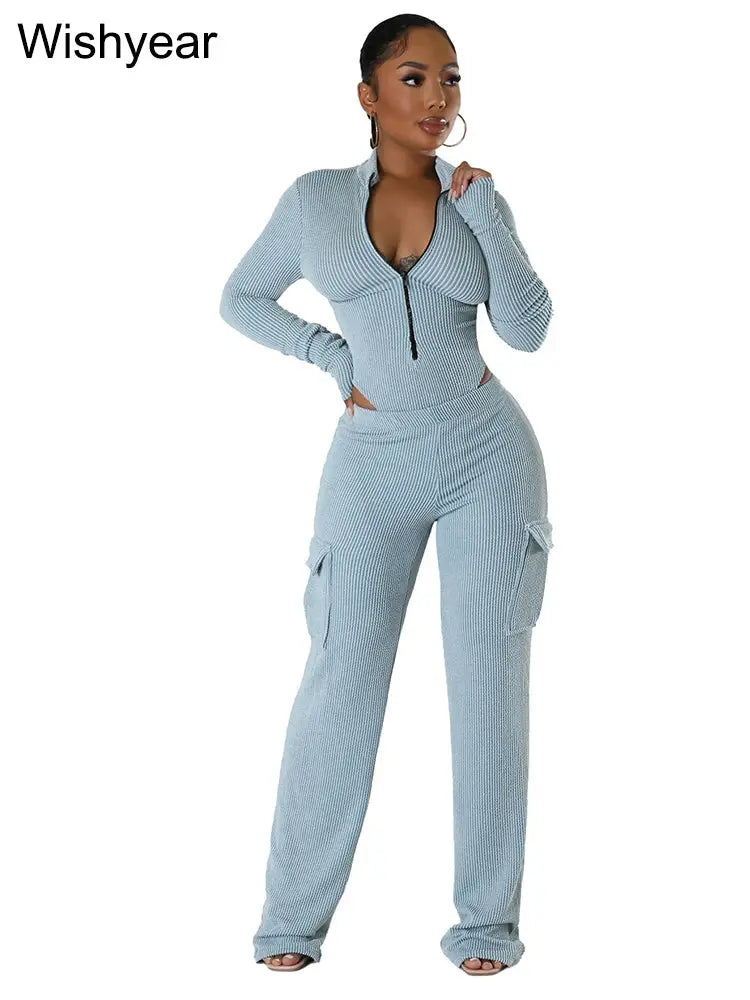 Knitted Rib Tracksuits Set Women‘s Sports Fall Winter Bodysuits Tops and Cargo Pants Two 2 Piece Suit Fitness Sportswear New FZwear