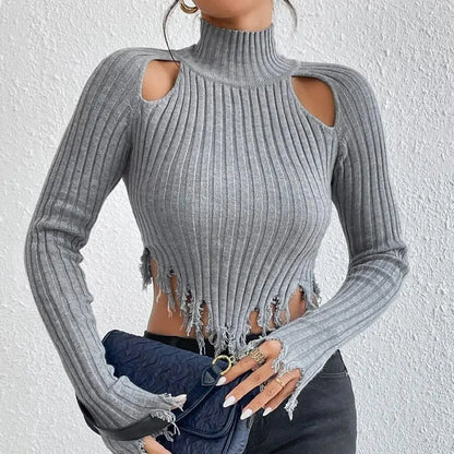 Knitted Sweaters Women Clothing Turtleneck Long Sleeve Distressed Sexy Cutout Short Cropped Exposed Design Sweater Japear