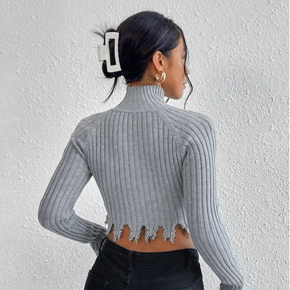 Knitted Sweaters Women Clothing Turtleneck Long Sleeve Distressed Sexy Cutout Short Cropped Exposed Design Sweater Japear