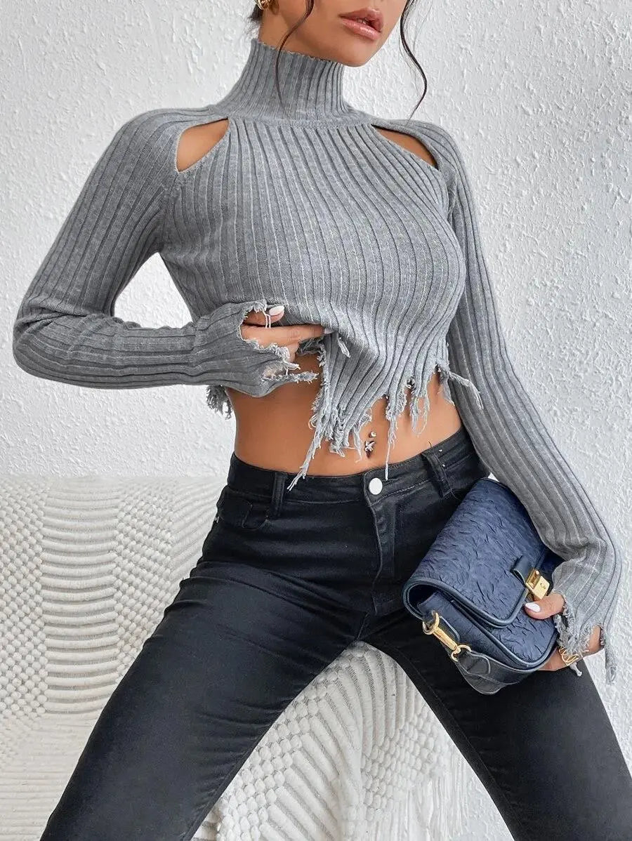 Knitted Sweaters Women Clothing Turtleneck Long Sleeve Distressed Sexy Cutout Short Cropped Exposed Design Sweater Japear