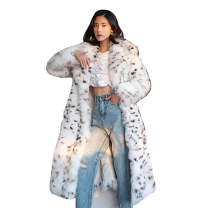 Ladies Fur Coat Imitation Fox Fur Coat Black Spot Leopard Print Suit Long European and American Plus-Size Winter Warm Fur Jacket FZwear